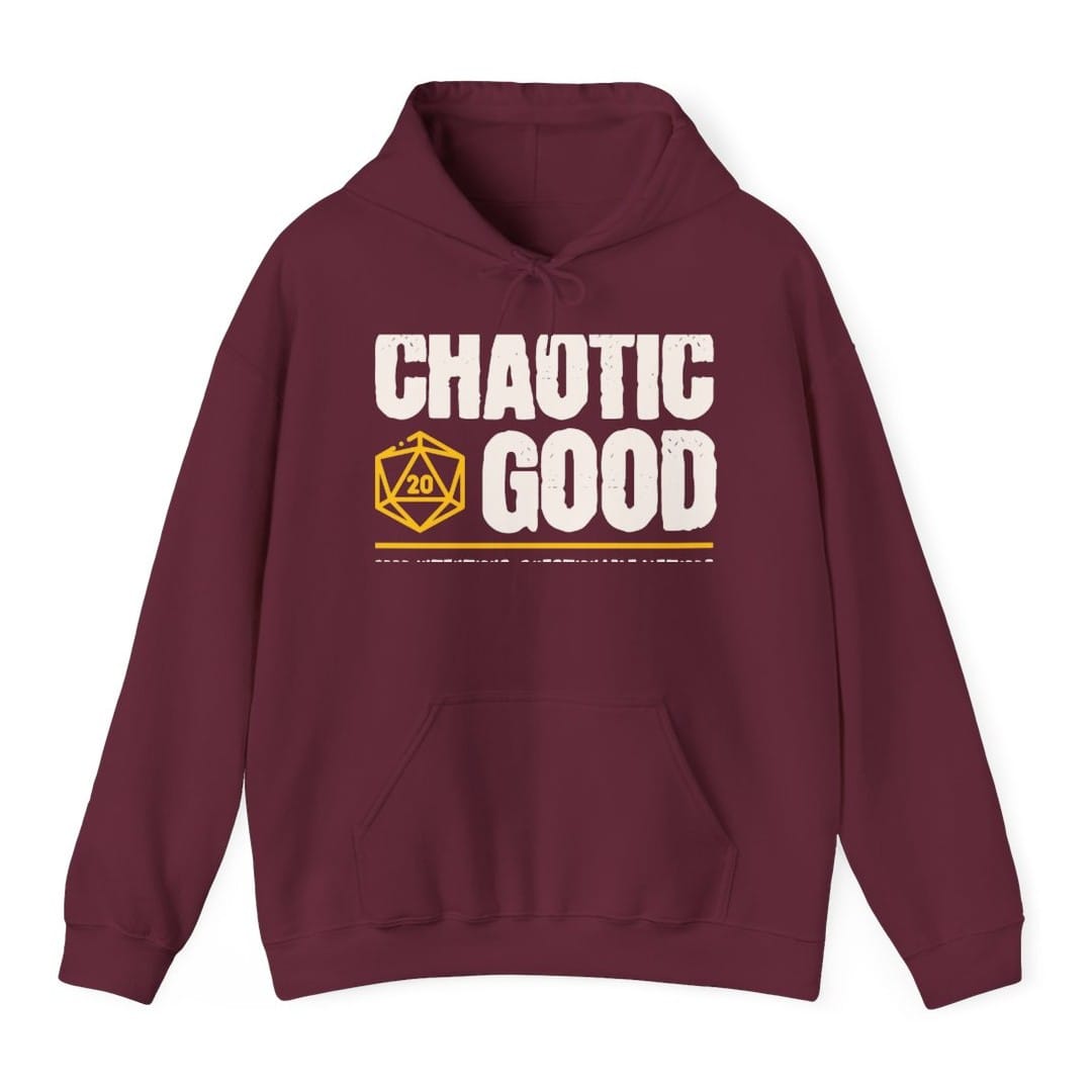 The same Chaotic Good design, on a maroon hoodie.