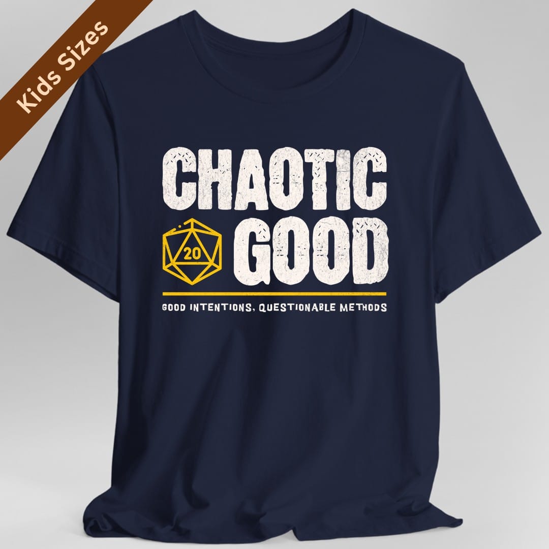 The same Chaotic Good design, on a navy kids t-shirt.