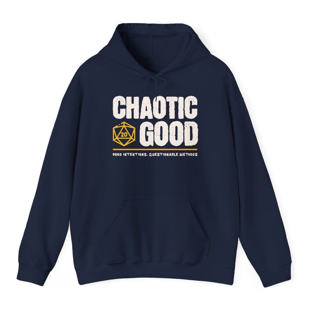 The same Chaotic Good design, on a navy hoodie.