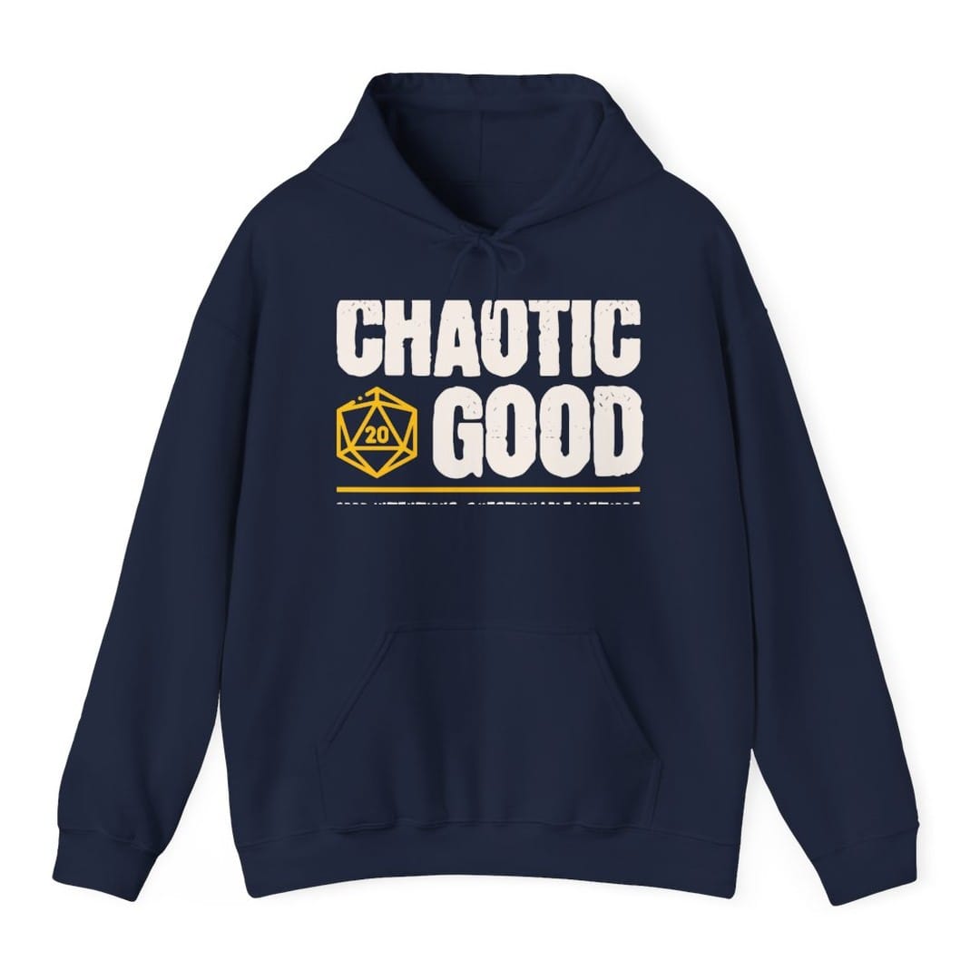 The same Chaotic Good design, on a navy hoodie.