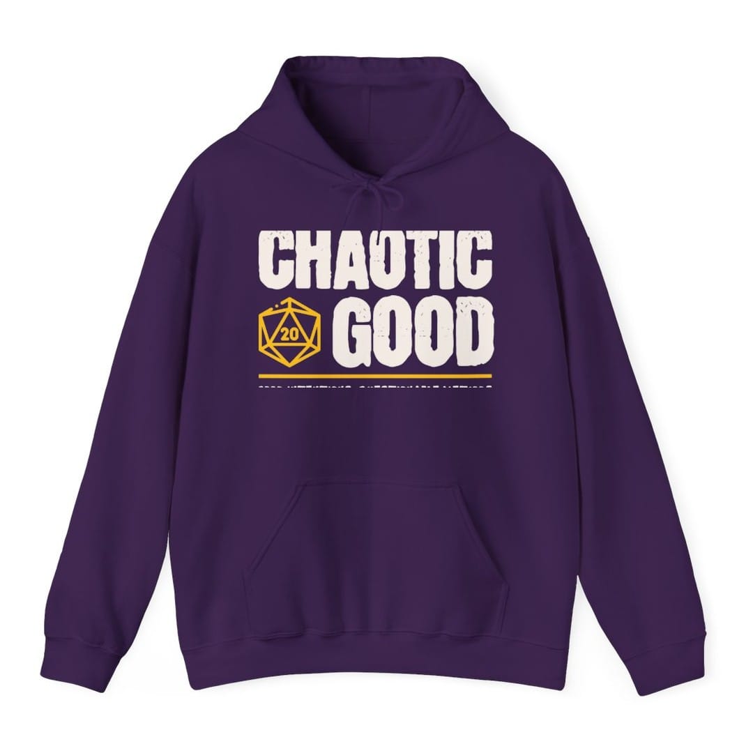 The same Chaotic Good design, on a purple hoodie.