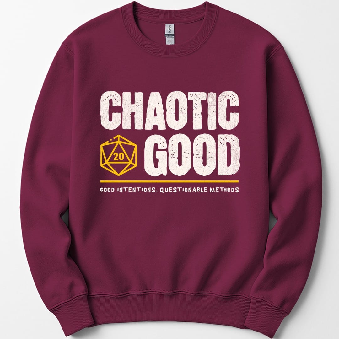 The same Chaotic Good design, on a maroon sweatshirt.