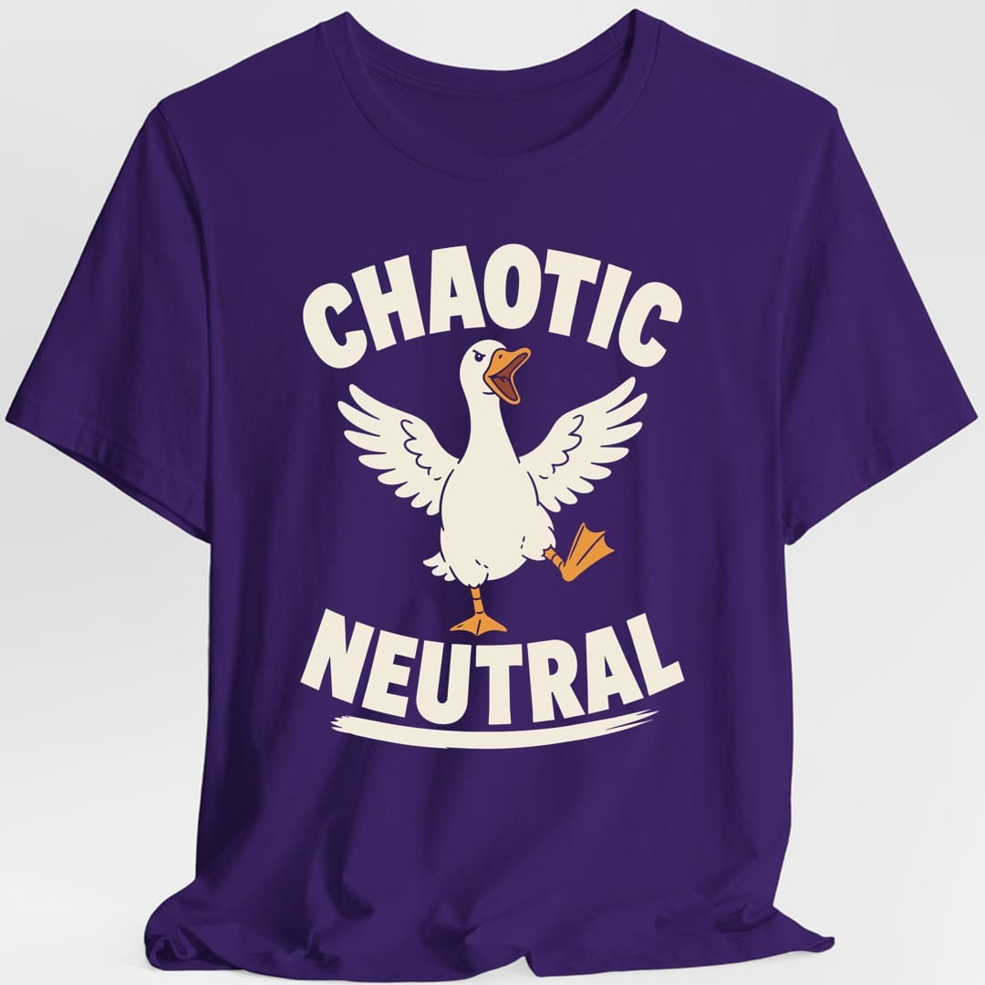 The same Chaotic Neutral Goose design, on a purple t-shirt.