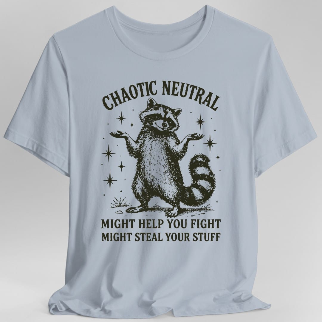 The same Chaotic Neutral raccoon design, on a light blue t-shirt.