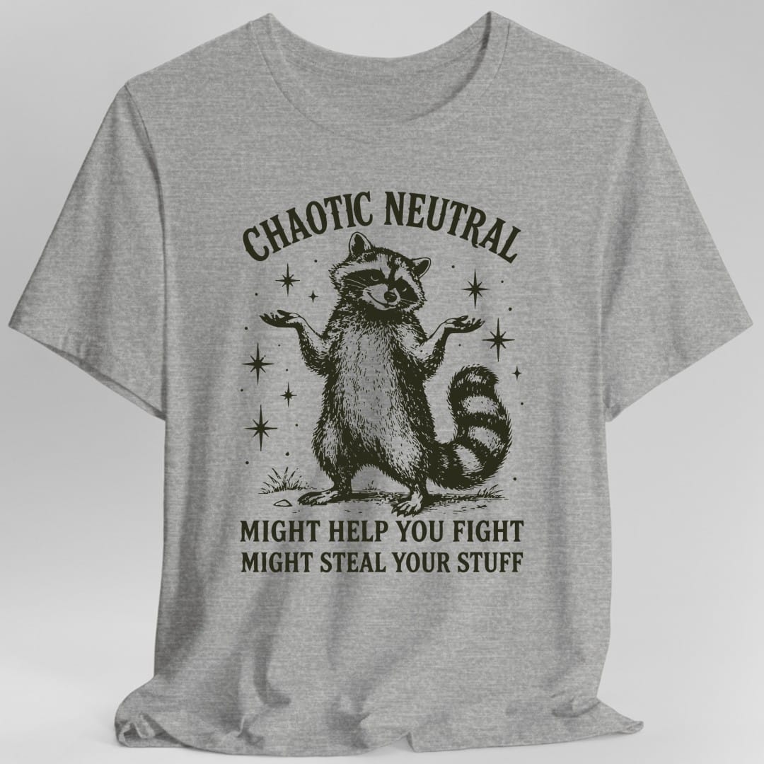 The same Chaotic Neutral raccoon design, on a sport grey t-shirt.