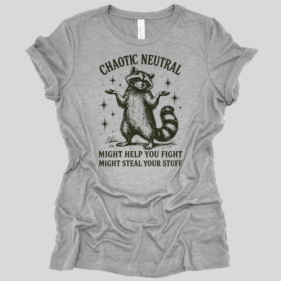 The same Chaotic Neutral raccoon design, on an athletic heather women's t-shirt.
