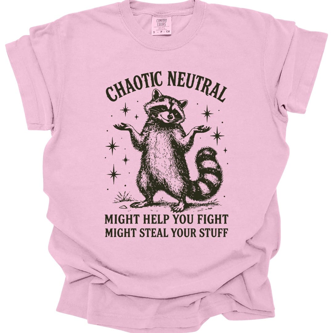 The same Chaotic Neutral raccoon design, on a blossom t-shirt.