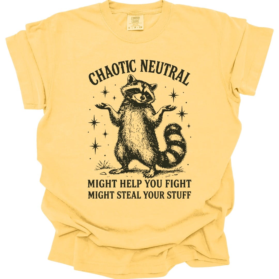 The same Chaotic Neutral raccoon design, on a butter t-shirt.