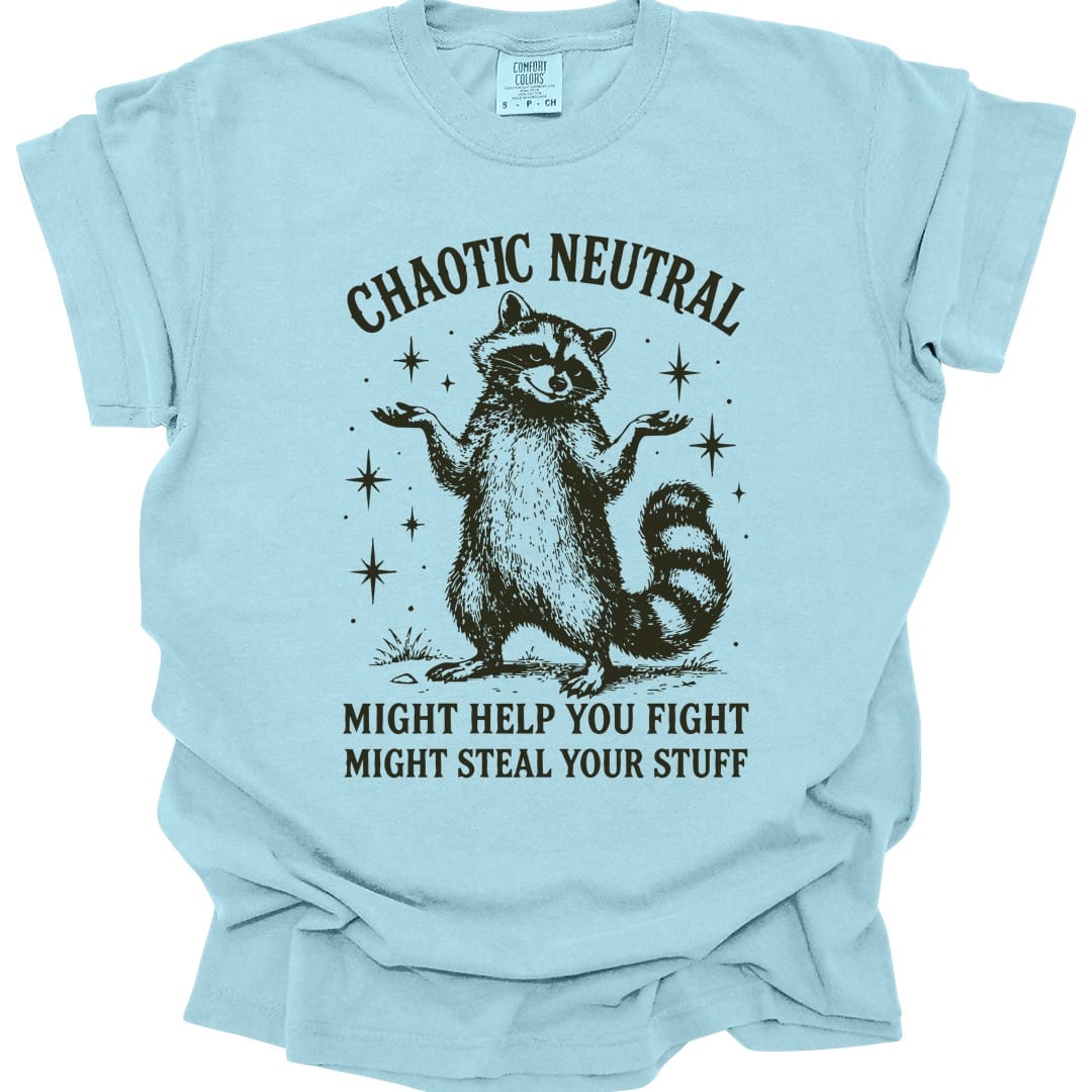 The same Chaotic Neutral raccoon design, on a chambray t-shirt.