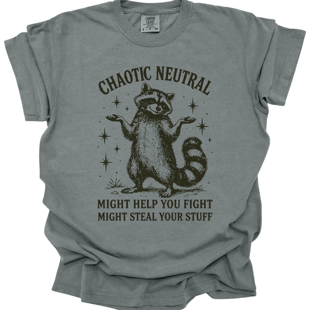 The same Chaotic Neutral raccoon design, on a granite t-shirt.