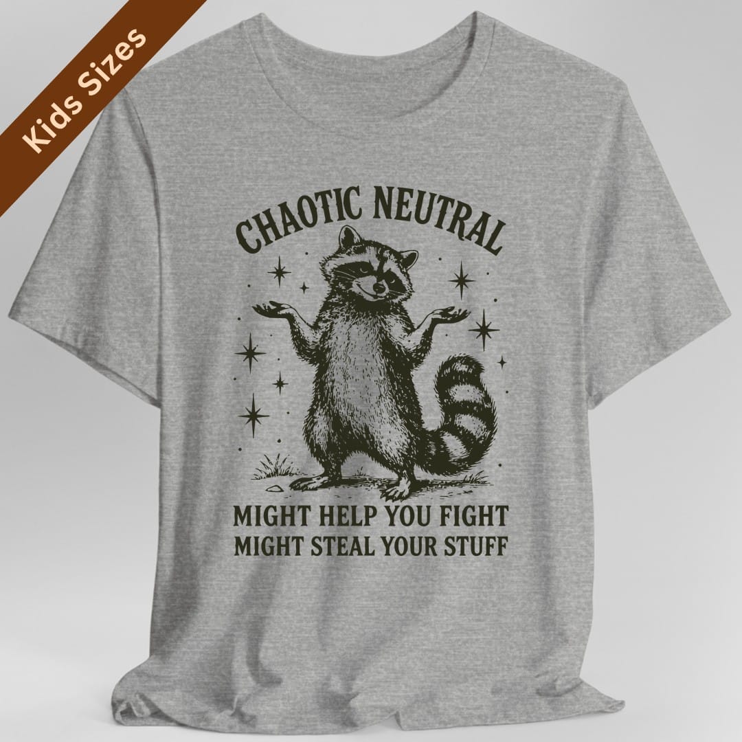 The same Chaotic Neutral raccoon design, on a sport grey kids t-shirt.