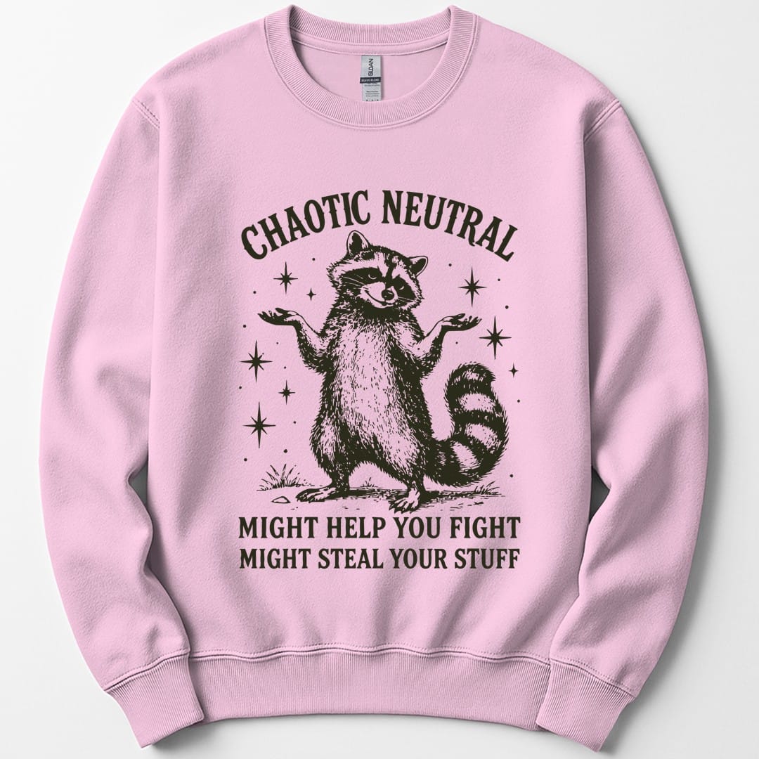 The same Chaotic Neutral raccoon design, on a light pink sweatshirt.