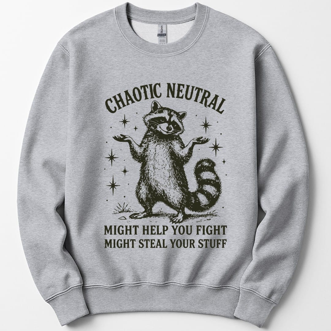 The same Chaotic Neutral raccoon design, on a sport grey sweatshirt.