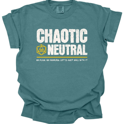 The same Chaotic Neutral alignment design, on a blue spruce t-shirt.