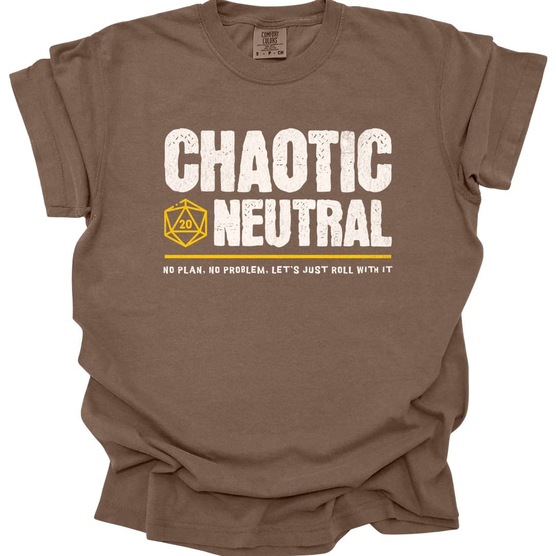 The same Chaotic Neutral alignment design, on an espresso t-shirt.