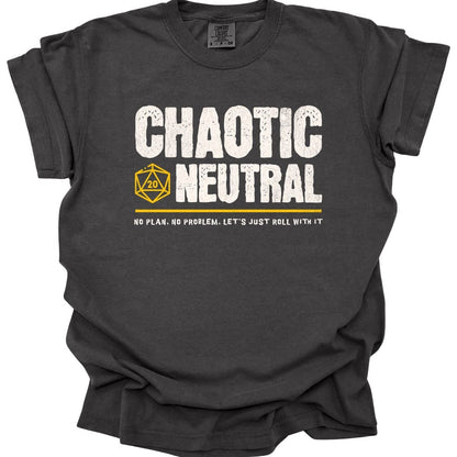 The same Chaotic Neutral alignment design, on a pepper t-shirt.