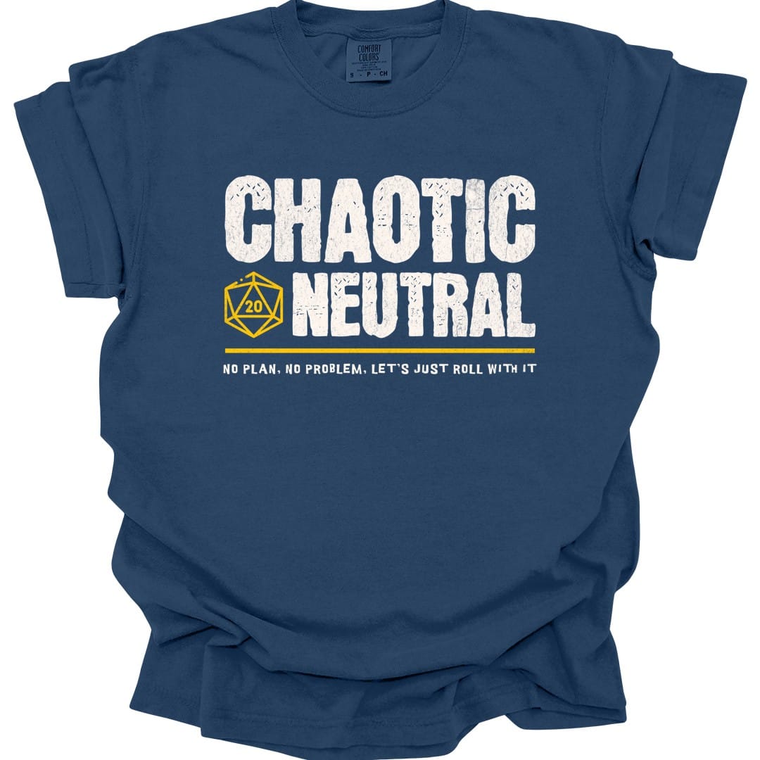 The same Chaotic Neutral alignment design, on a true navy t-shirt.