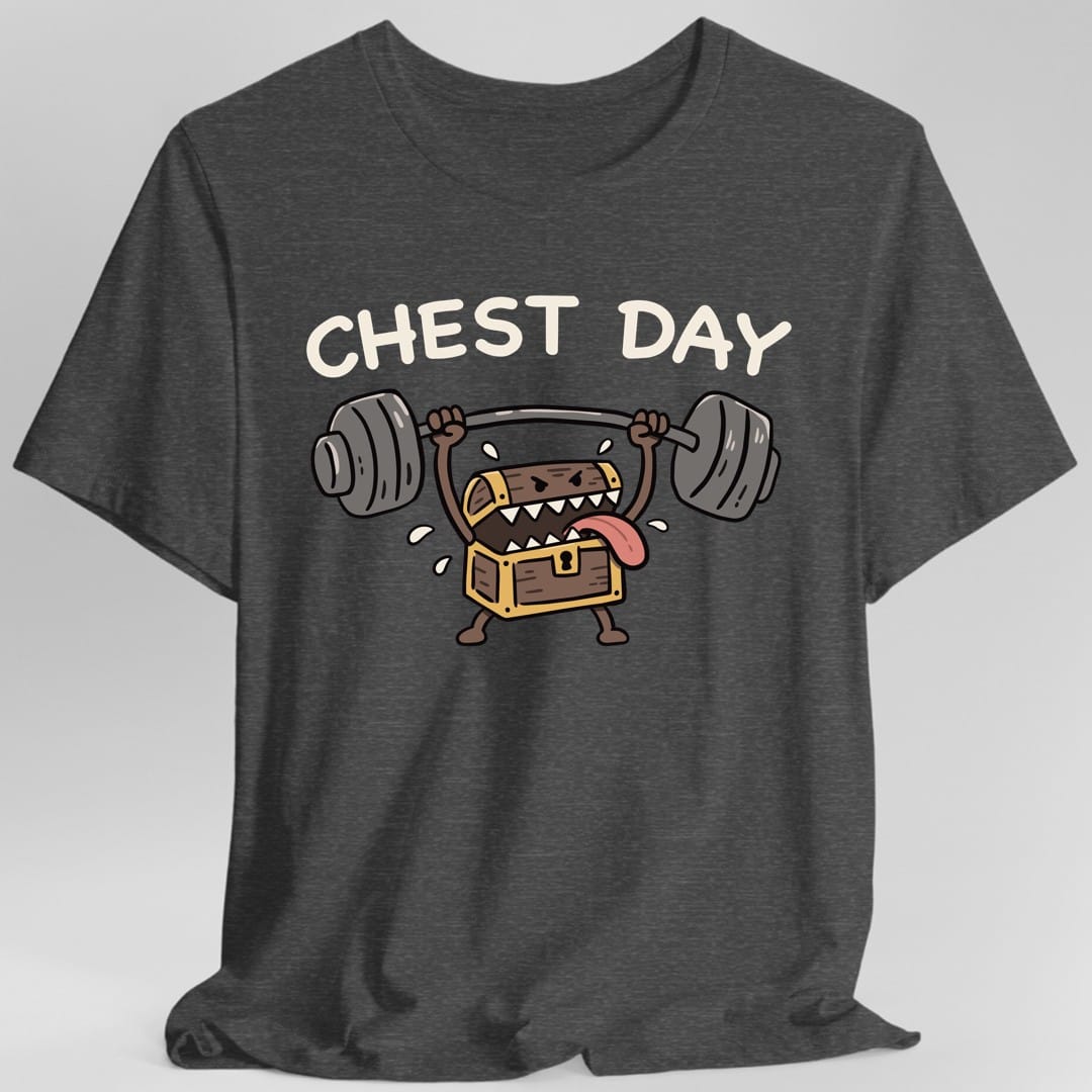 The same Chest Day mimic design, on a dark heather t-shirt.