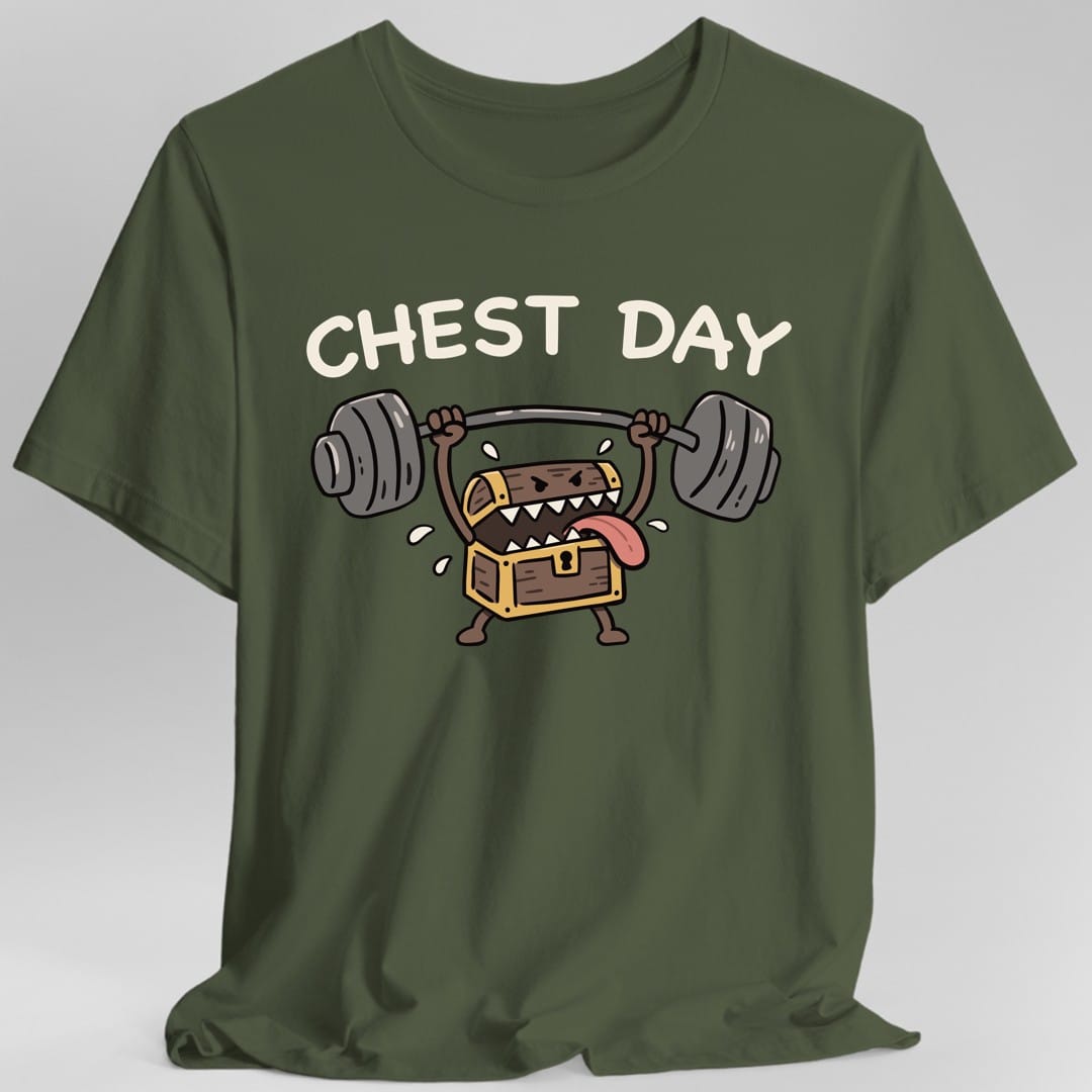 The same Chest Day mimic design, on a military green t-shirt.