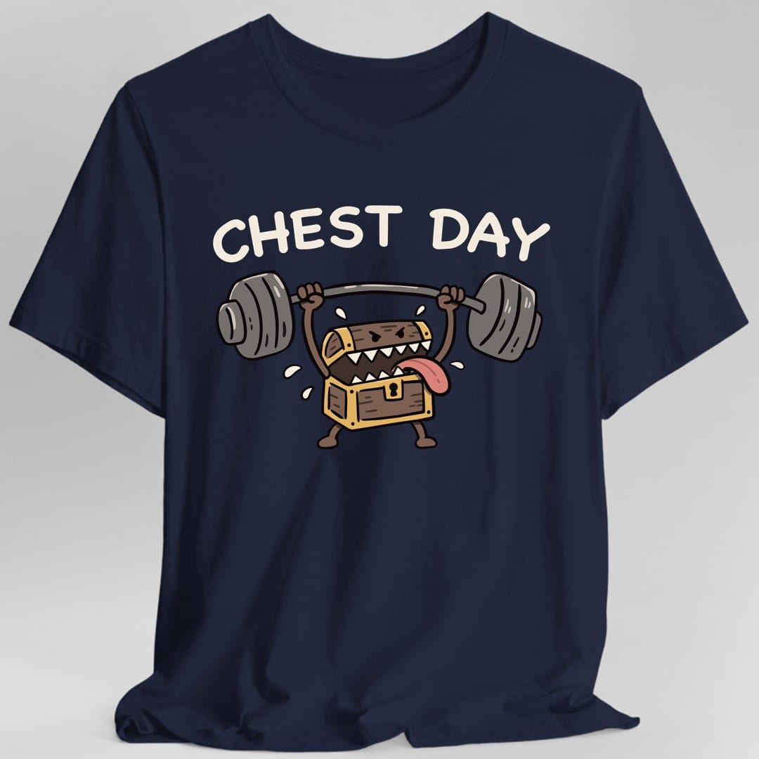 The same Chest Day mimic design, on a navy t-shirt.