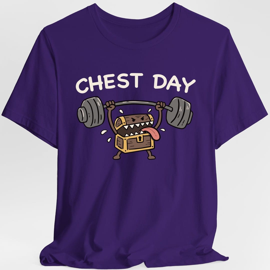 The same Chest Day mimic design, on a purple t-shirt.