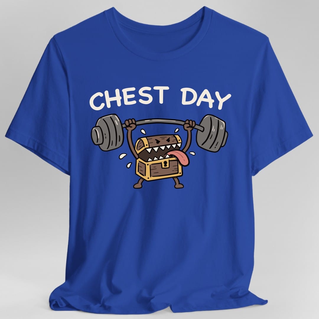 The same Chest Day mimic design, on a royal t-shirt.