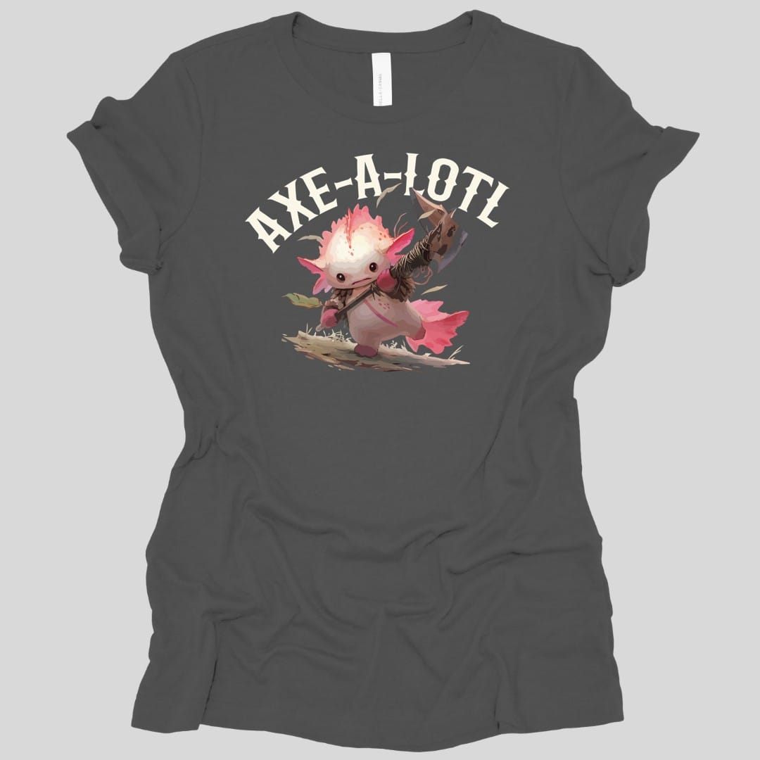 The same Axe-A-Lotl design, on an asphalt women's t-shirt.