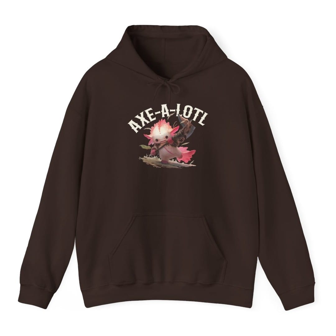 The same Axe-A-Lotl design, on a dark chocolate hoodie.