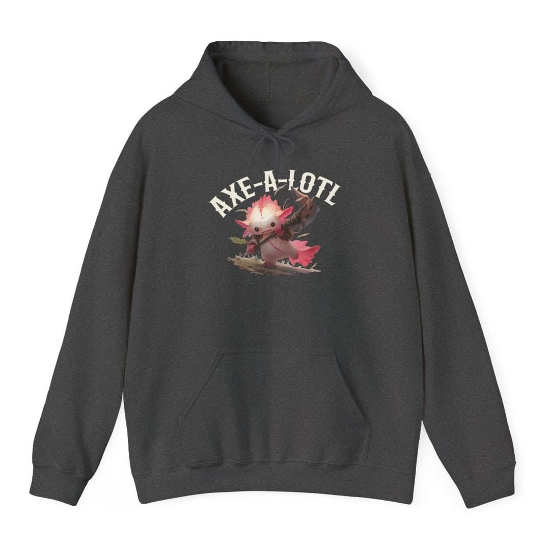 The same Axe-A-Lotl design, on a dark heather hoodie.