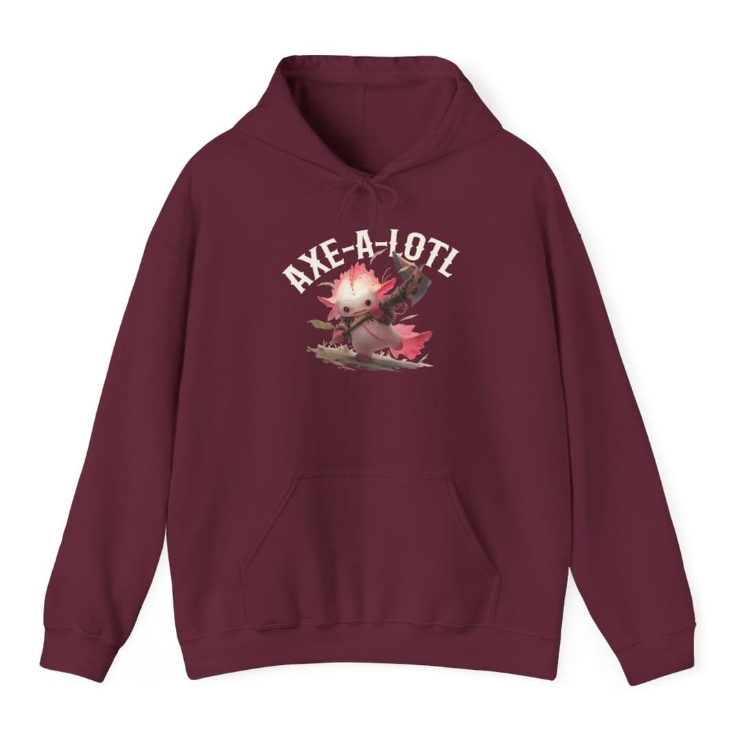 The same Axe-A-Lotl design, on a maroon hoodie.
