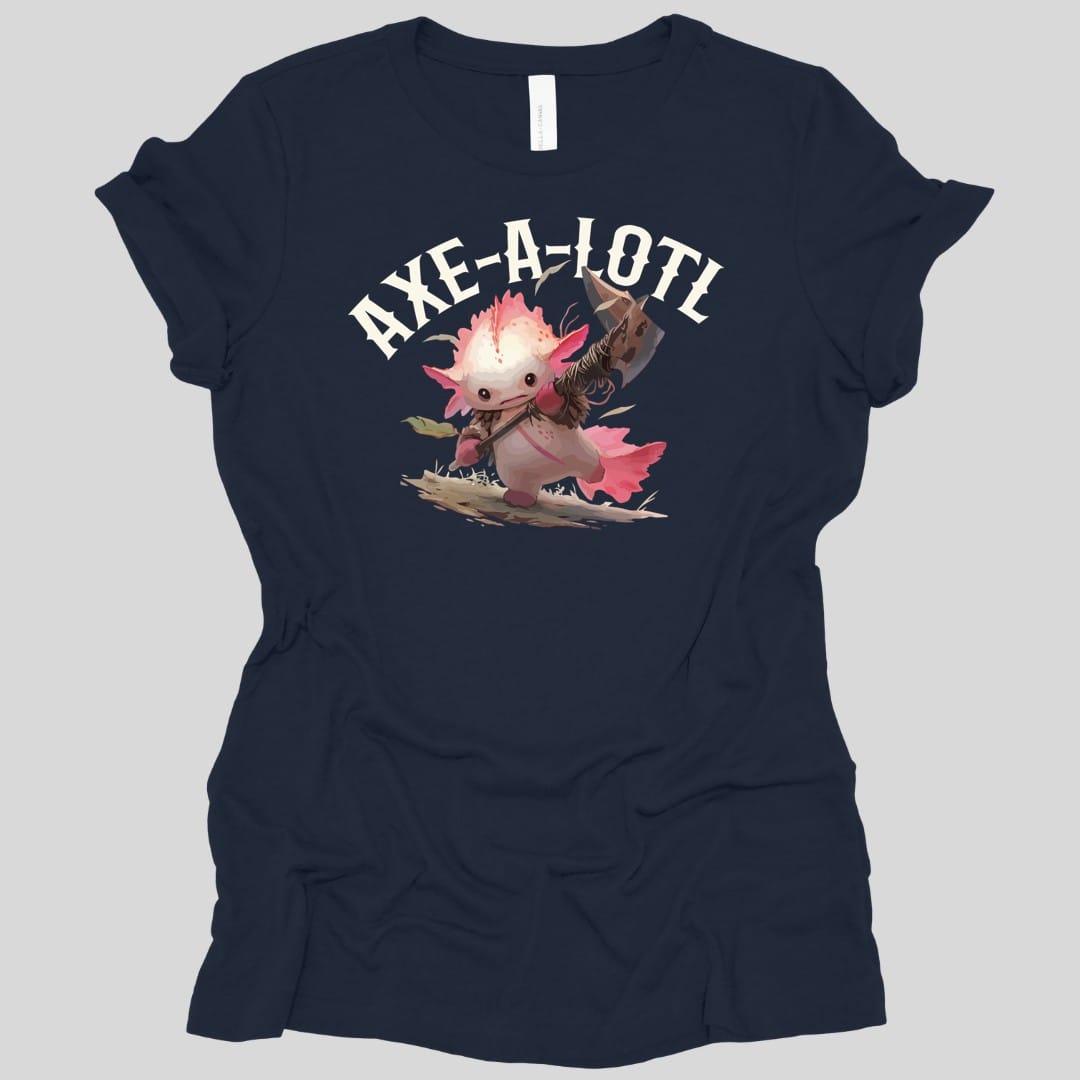 The same Axe-A-Lotl design, on a navy women's t-shirt.