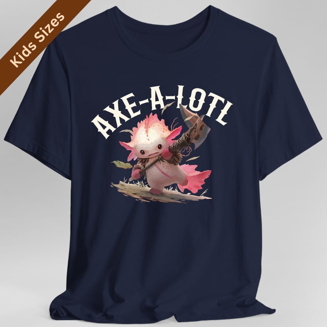 The same Axe-A-Lotl design, on a navy kids t-shirt.