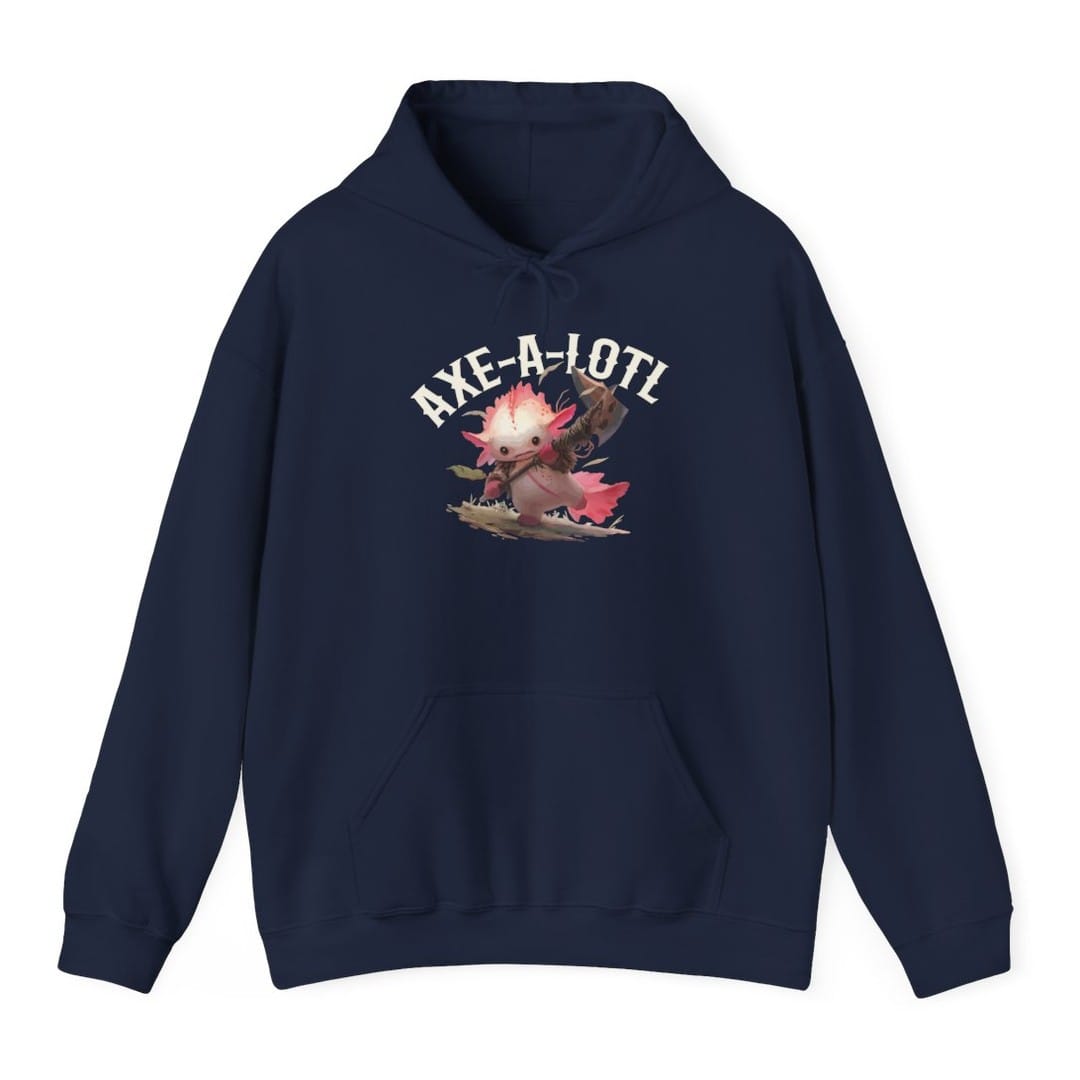 The same Axe-A-Lotl design, on a navy hoodie.