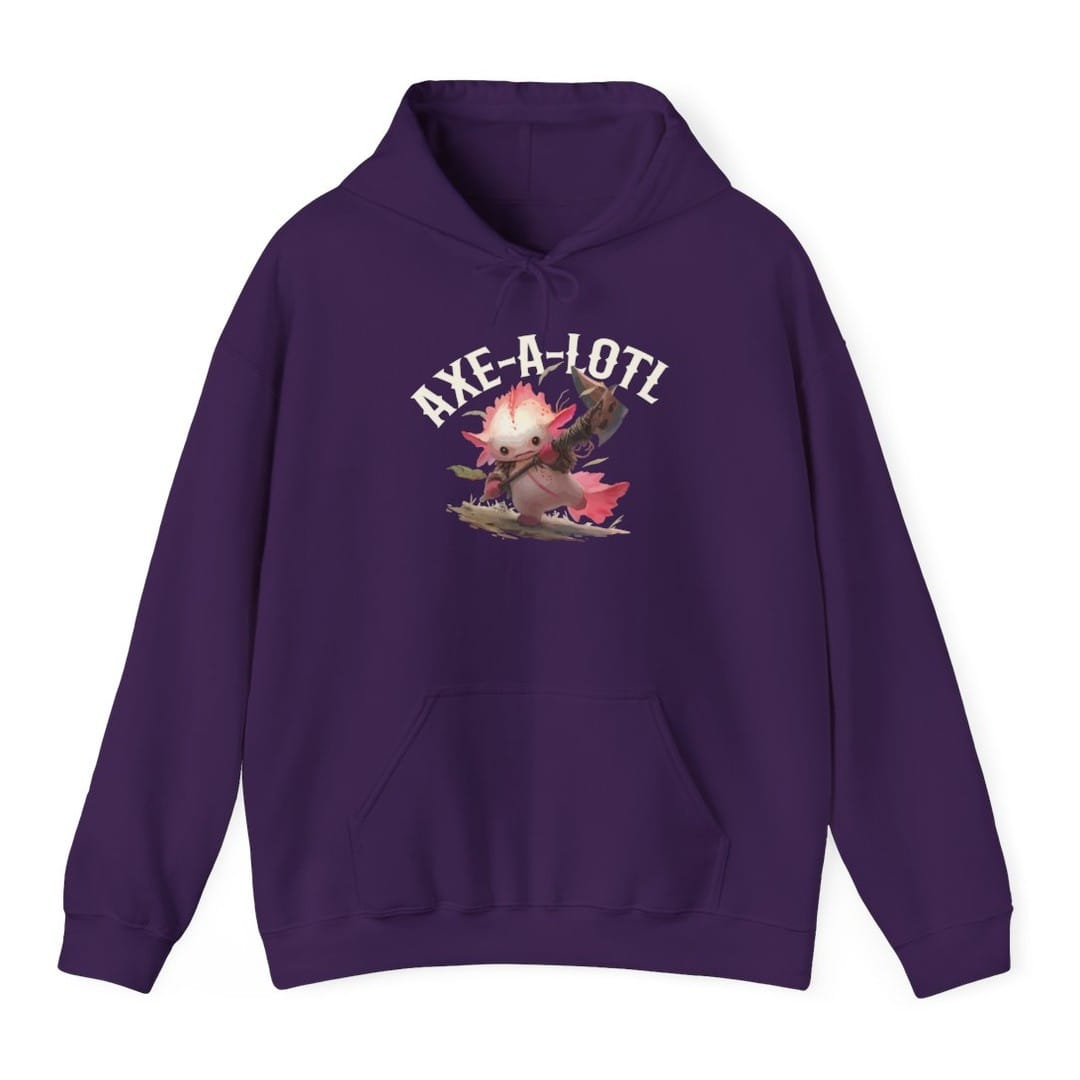 The same Axe-A-Lotl design, on a purple hoodie.