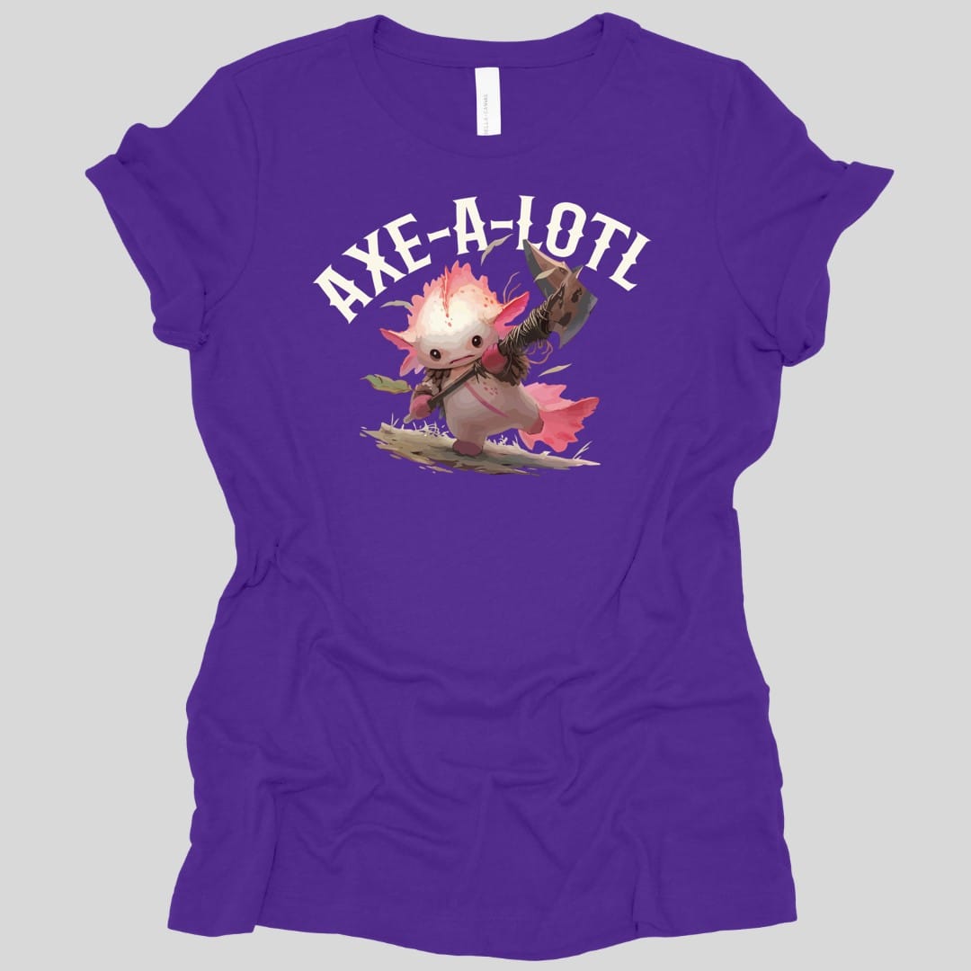 The same Axe-A-Lotl design, on a team purple women's t-shirt.
