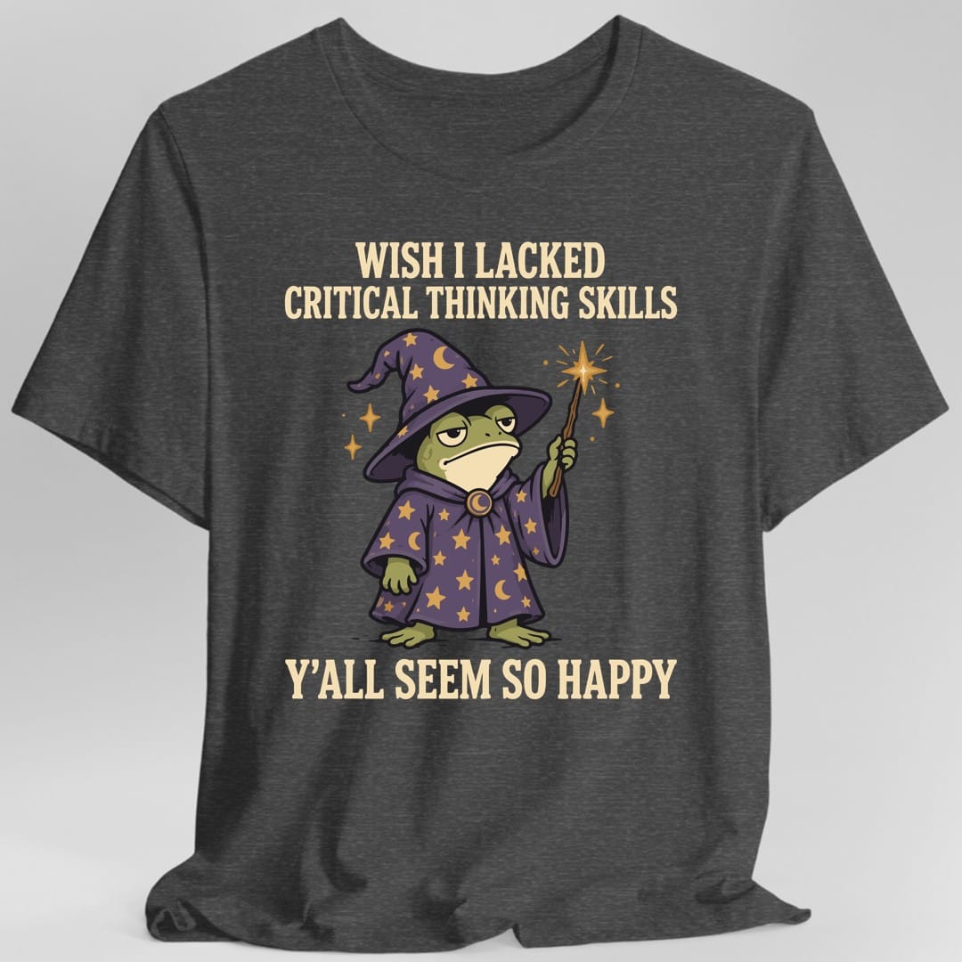 The same Critical thinking frog wizard design, on a dark heather t-shirt.