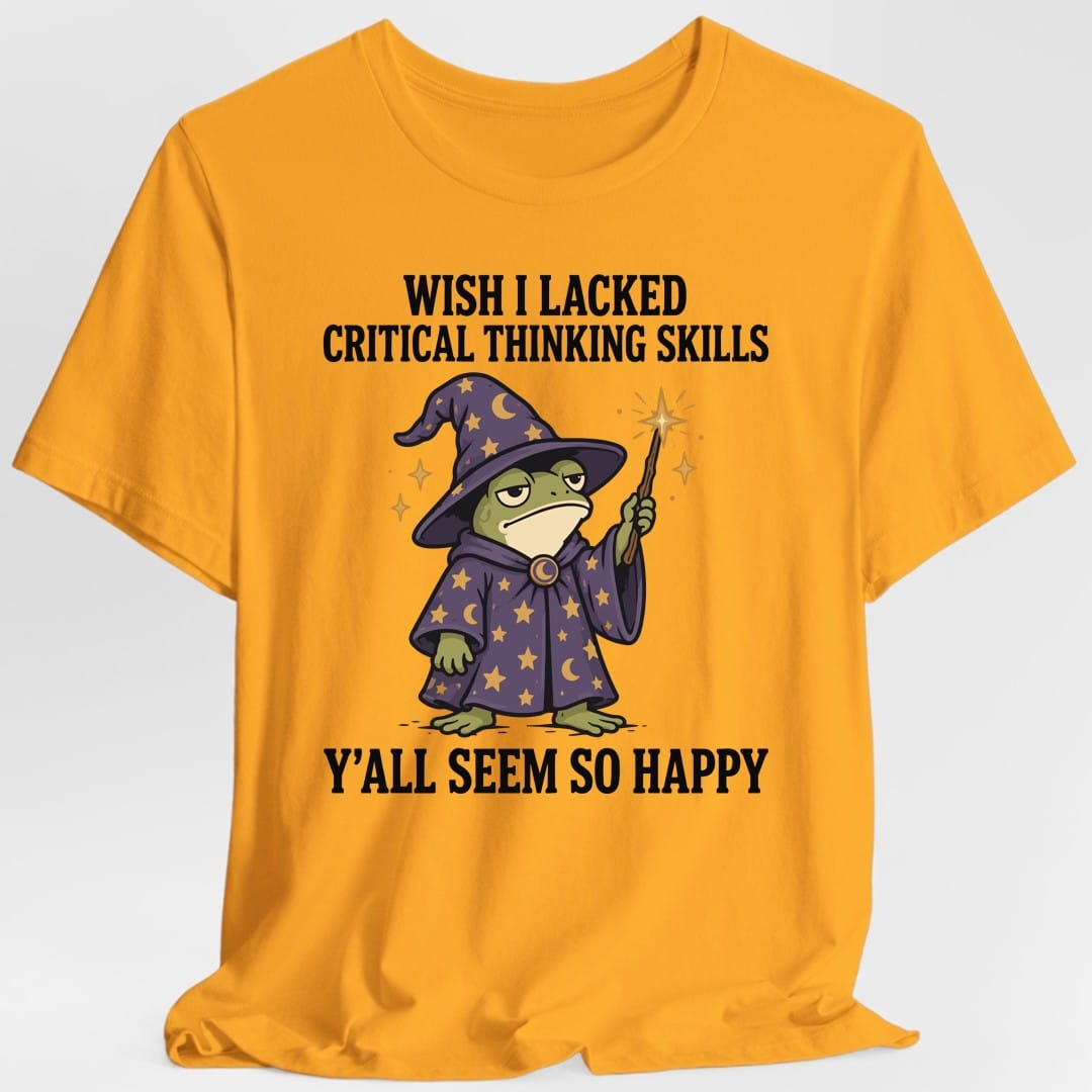 The same Critical thinking frog wizard design, on a gold t-shirt.