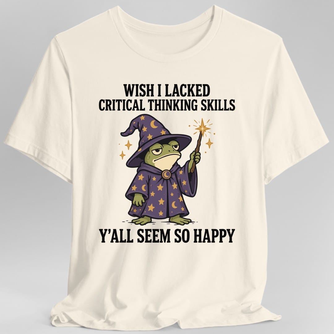 The same Critical thinking frog wizard design, on a natural t-shirt.