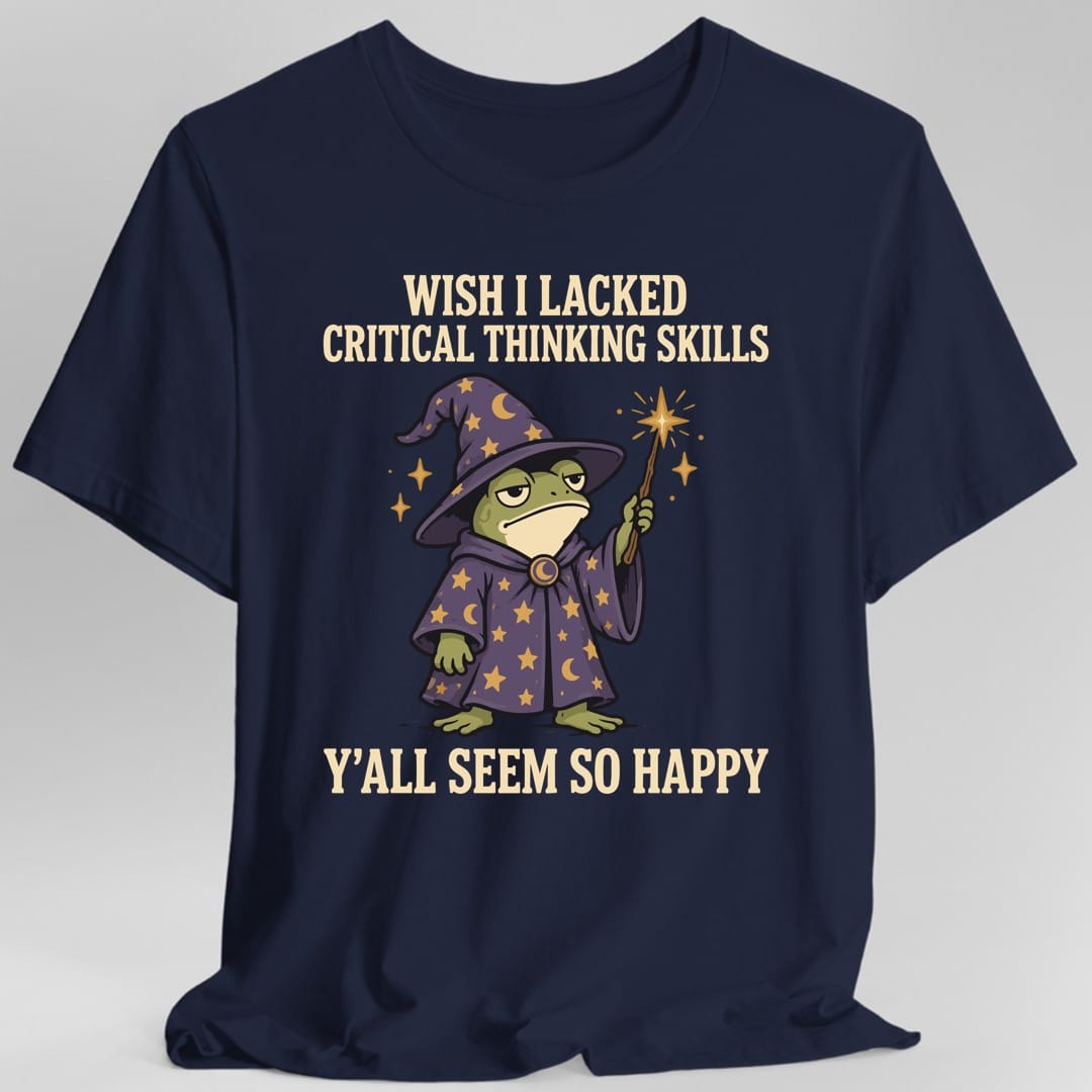 The same Critical thinking frog wizard design, on a navy t-shirt.