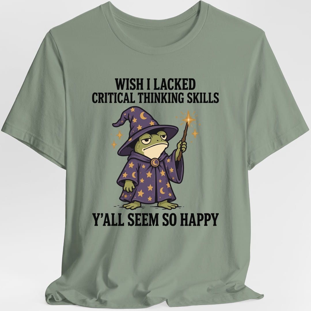 The same Critical thinking frog wizard design, on a sage t-shirt.