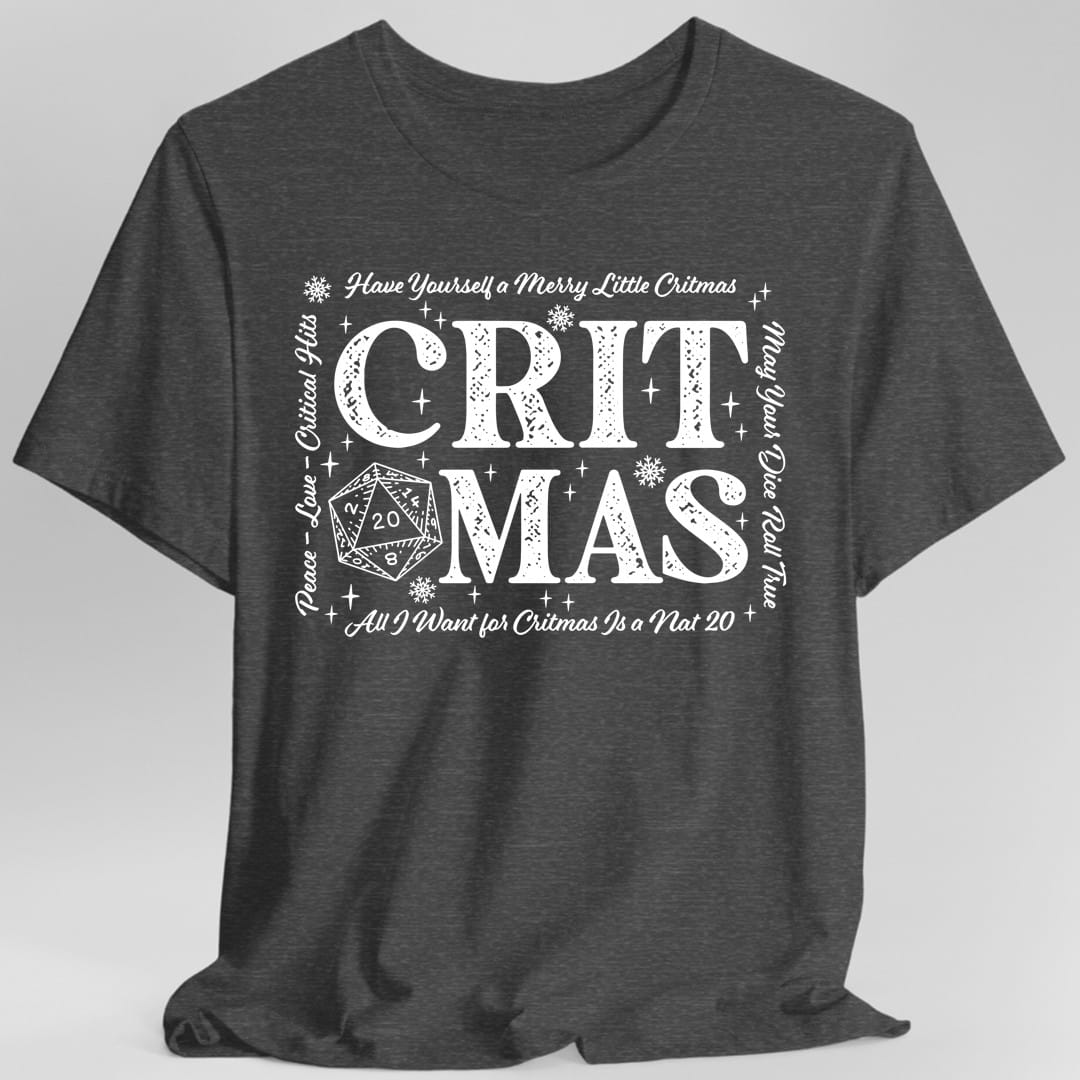 The same Critmas word art design, on a dark heather t-shirt.