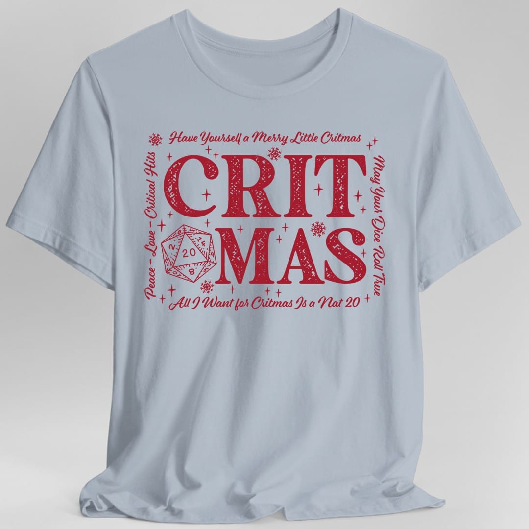 The same Critmas word art design, on a light blue t-shirt.