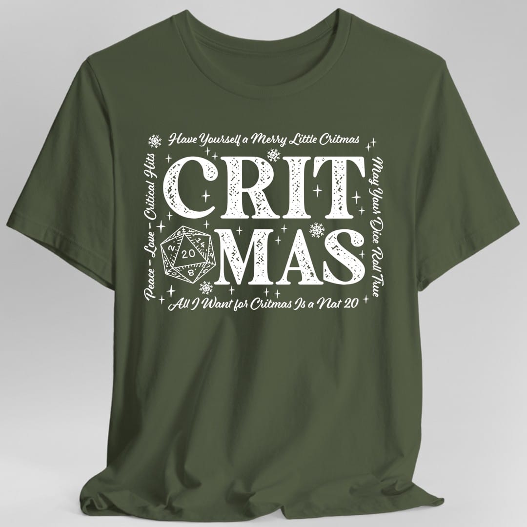 The same Critmas word art design, on a military green t-shirt.