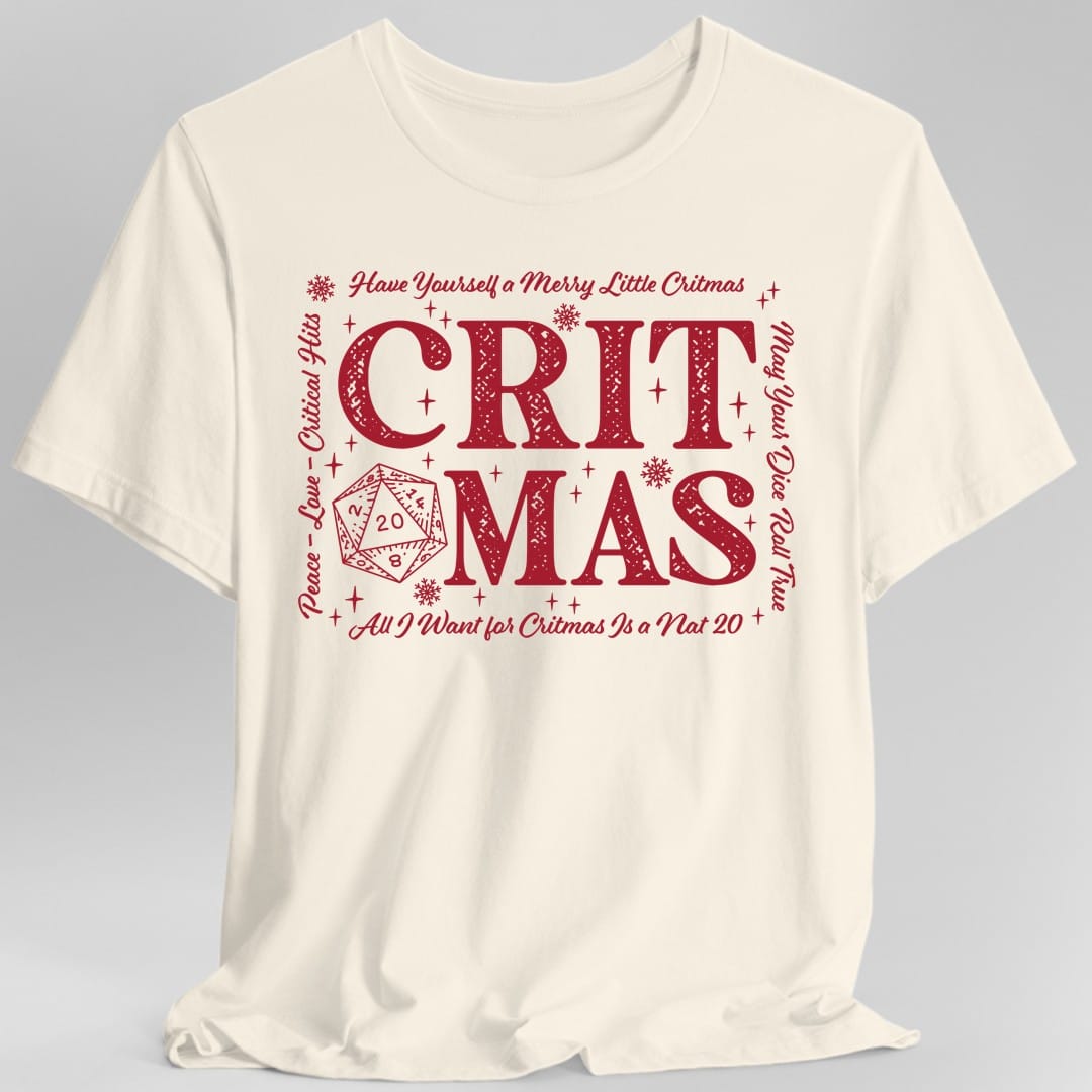The same Critmas word art design, on a natural t-shirt.