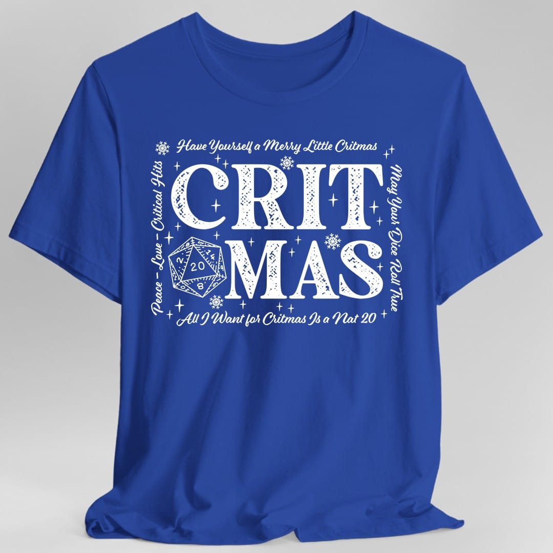 The same Critmas word art design, on a royal t-shirt.