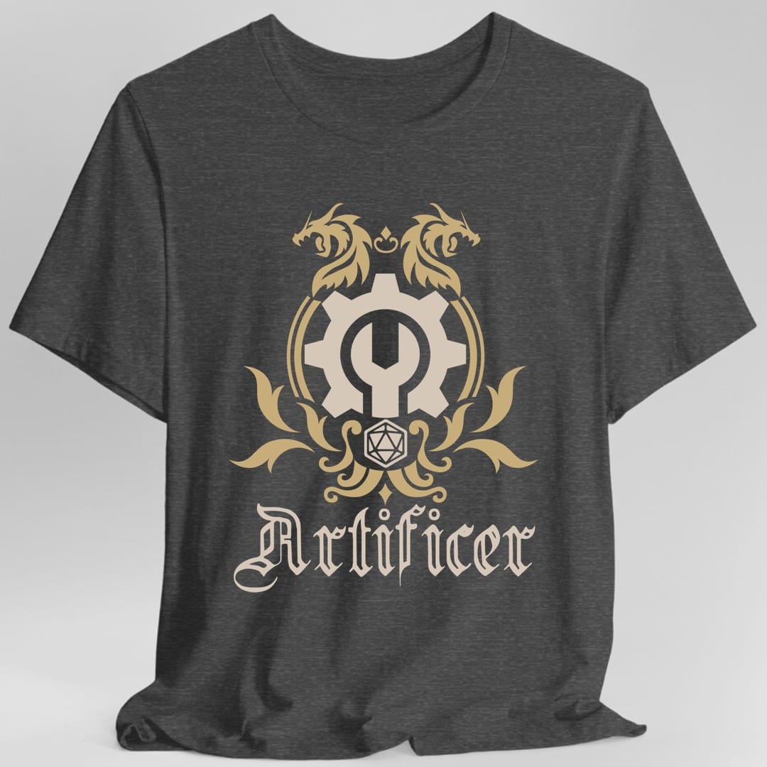 The same Artificer class emblem design, on a dark heather t-shirt.