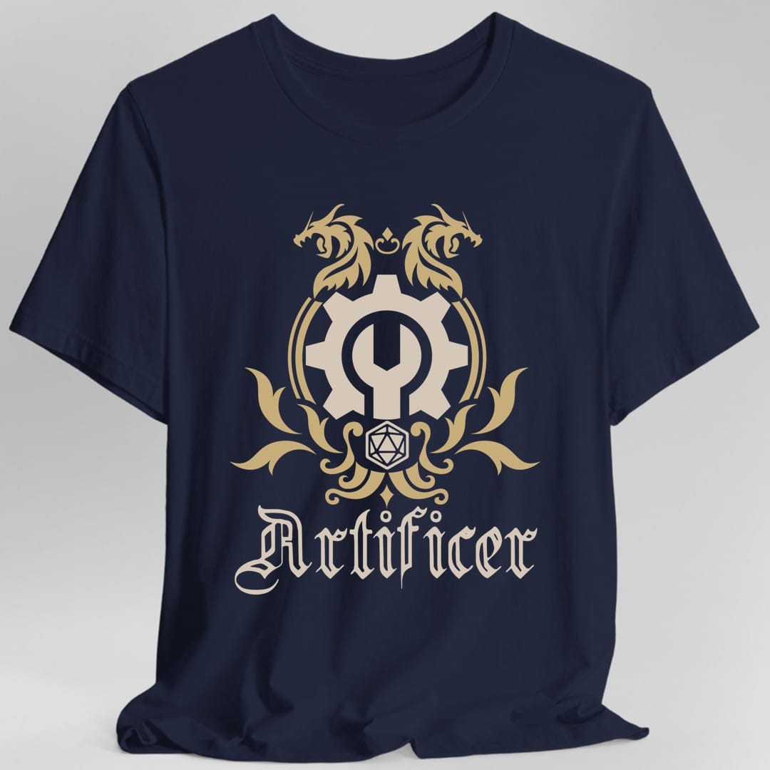 The same Artificer class emblem design, on a navy t-shirt.