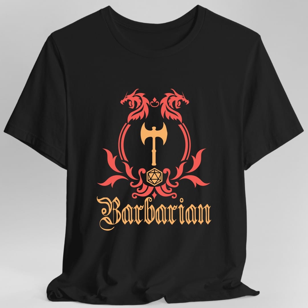 Black t-shirt. A heraldic crest drawn entirely in red with an orange axe on a plain background. Two dragons face each other over an arched frame, a broad double-headed axe sits inside it, and a twenty-sided die hangs below between leafy flourishes. Underneath, "Barbarian" in an ornate blackletter script.