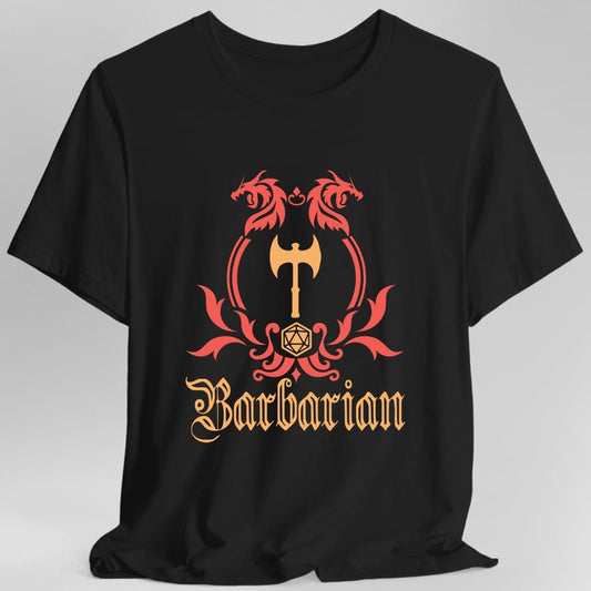 Black t-shirt. A heraldic crest drawn entirely in red with an orange axe on a plain background. Two dragons face each other over an arched frame, a broad double-headed axe sits inside it, and a twenty-sided die hangs below between leafy flourishes. Underneath, "Barbarian" in an ornate blackletter script.