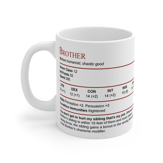 Printify Mug 11oz D&D Brother Stat Block Mug Gift